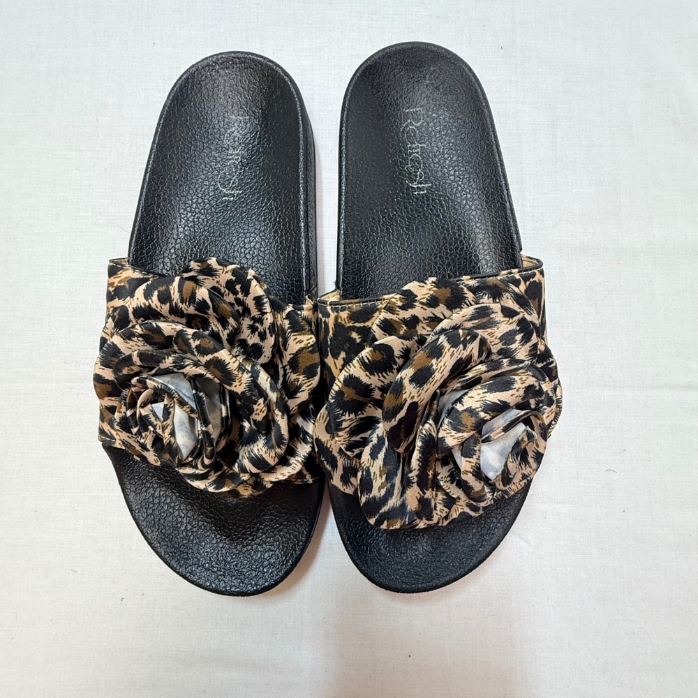Refresh Womens Leopard Print Rose Slide Sandals Black Tan Animal Print Size 9